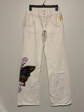 Vintage Y2K Crystal Rock Joggers with Colorful Butterfly and Ornate Details.